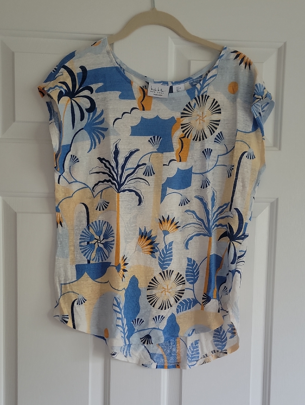 Nicole Miller Blue, Yellow & White Tropical Print Cap-Sleeve Top